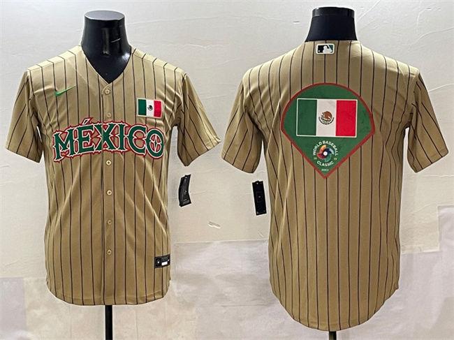 Men's Mexico Baseball Tan 2023 World Baseball Classic Team Big Logo Stitched Jersey